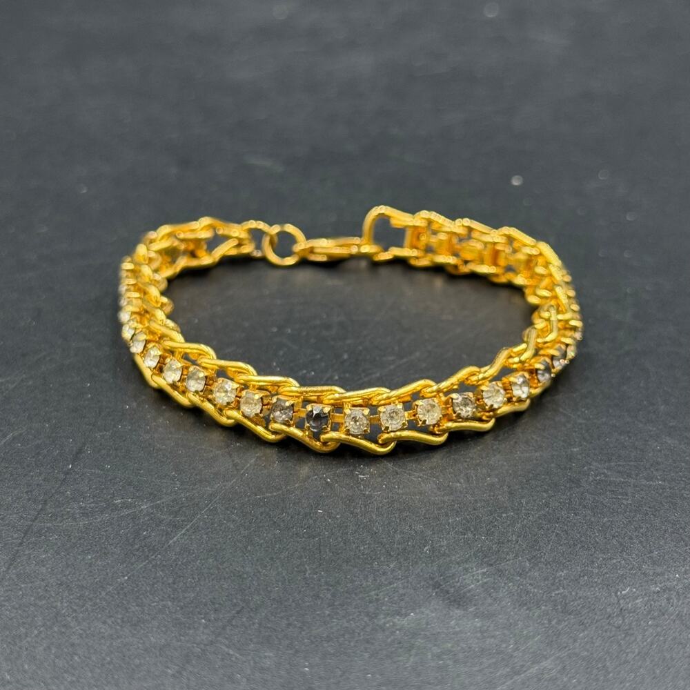 Vintage Railroad Track Link Bracelet Gold Tone Clear Rhinestone Jewelry
